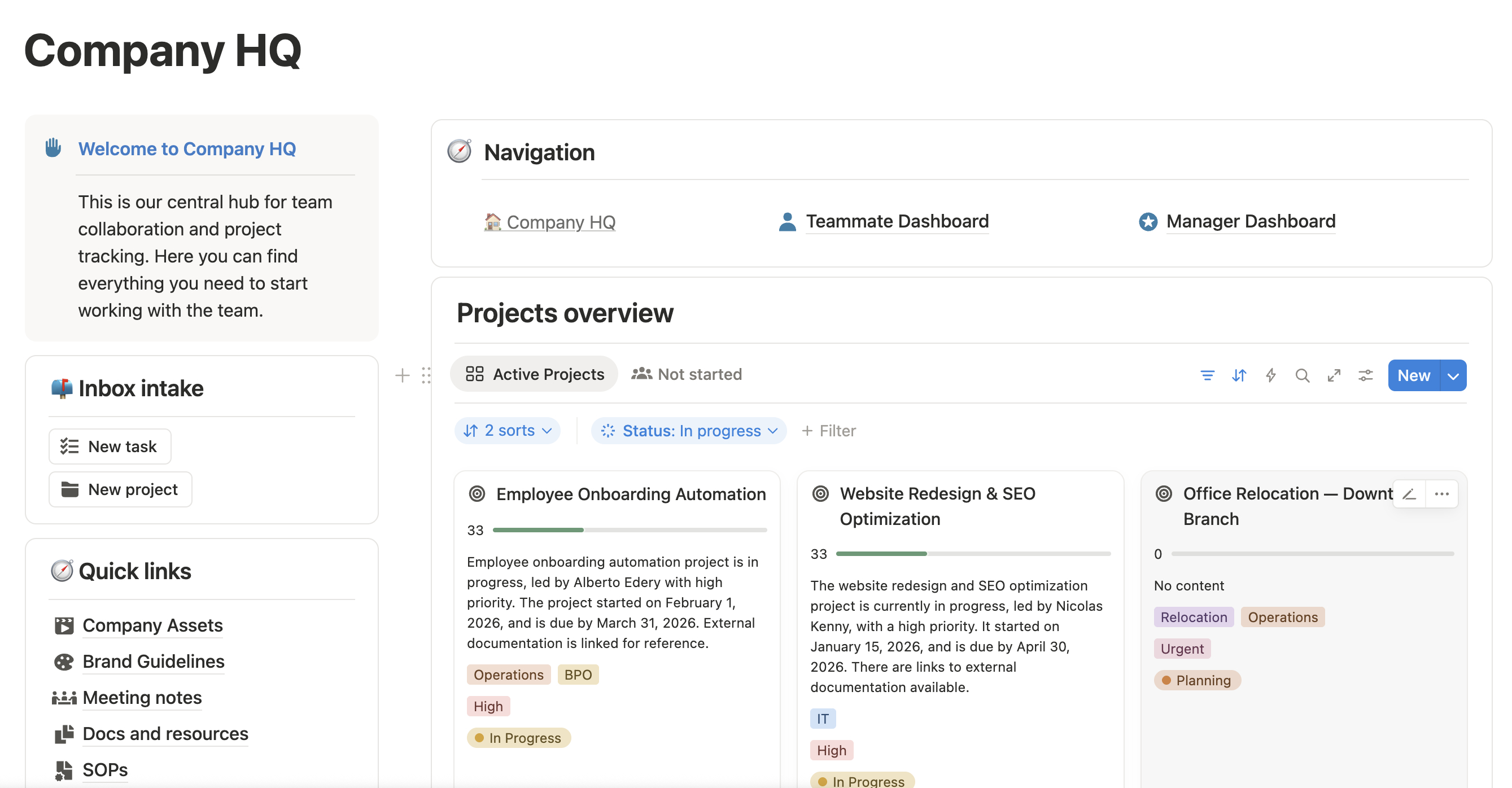 Notion workspace overview showing inbox intake, quick links, and an active projects dashboard